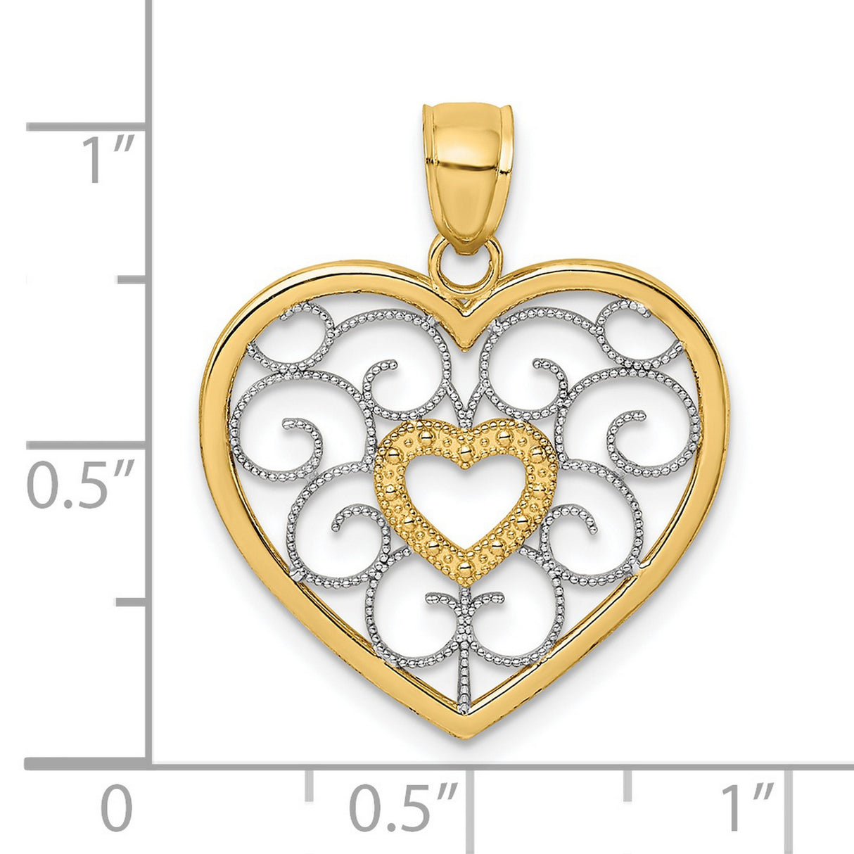 14k Two-Tone Gold Heart Pendant with Rhodium Accent and Scroll Filigree Design for Women