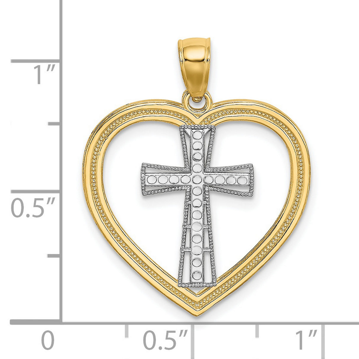 14k Two-Tone Gold Heart Cross Pendant, Open Heart with Christian Symbol, Religious Jewelry for Women