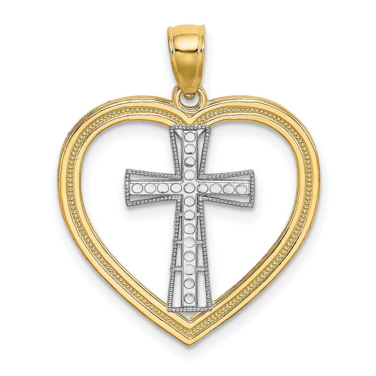 14k Two-Tone Gold Heart Cross Pendant, Open Heart with Christian Symbol, Religious Jewelry for Women