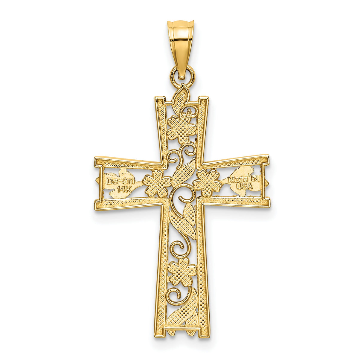 14k Yellow and White Gold Floral Cross Pendant with Filigree Vine Design