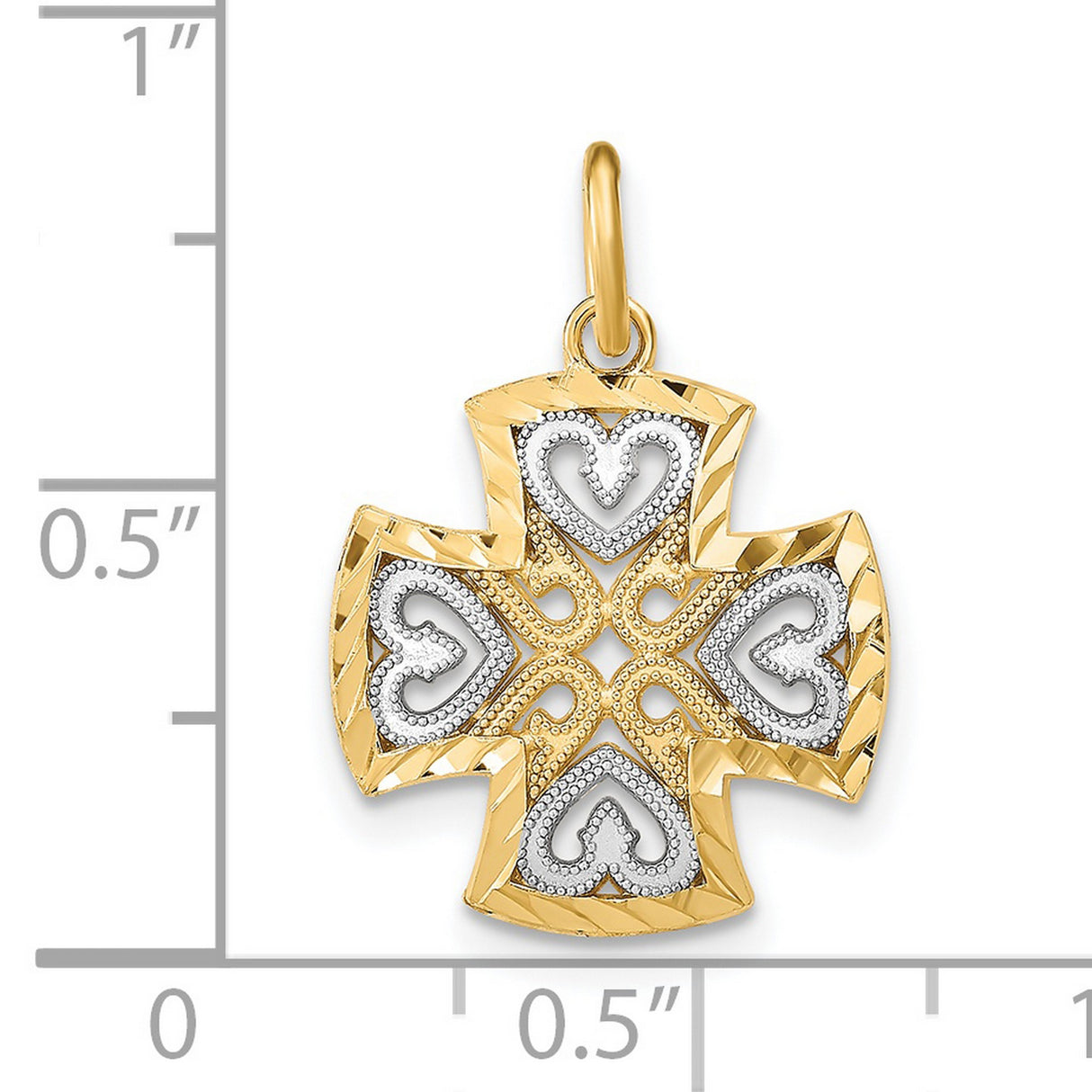 14k Two-Tone Gold Cross Pendant with Beveled Edge and Textured High Polish Finish
