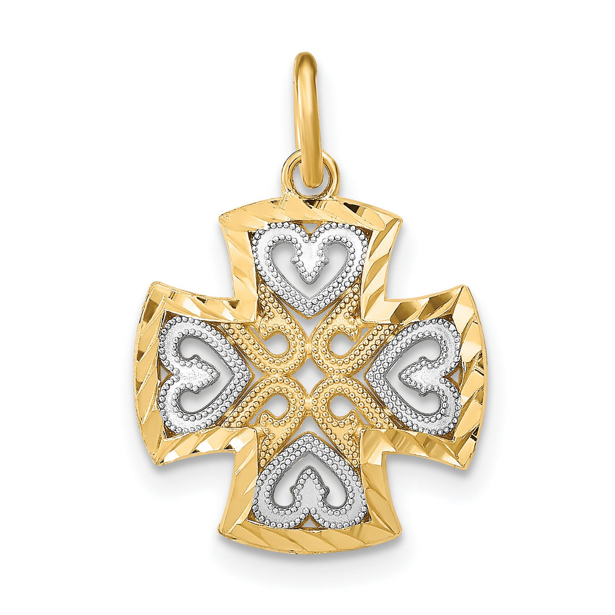 14k Two-Tone Gold Cross Pendant with Beveled Edge and Textured High Polish Finish