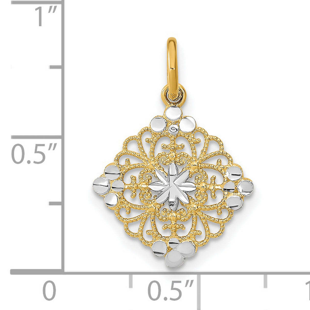 14k Multi-Tone Gold Diamond-Shaped Filigree Pendant with Starburst Design
