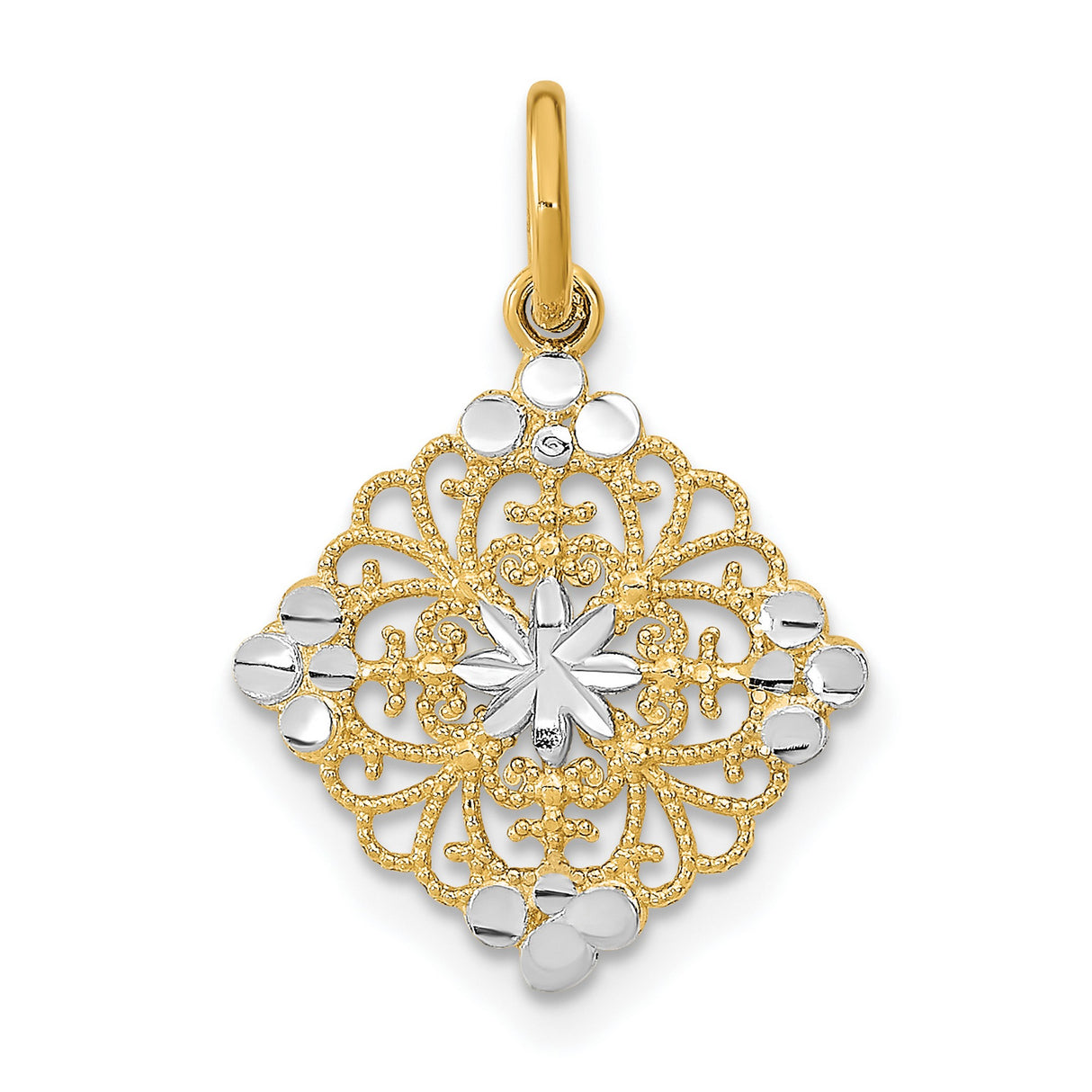 14k Multi-Tone Gold Diamond-Shaped Filigree Pendant with Starburst Design