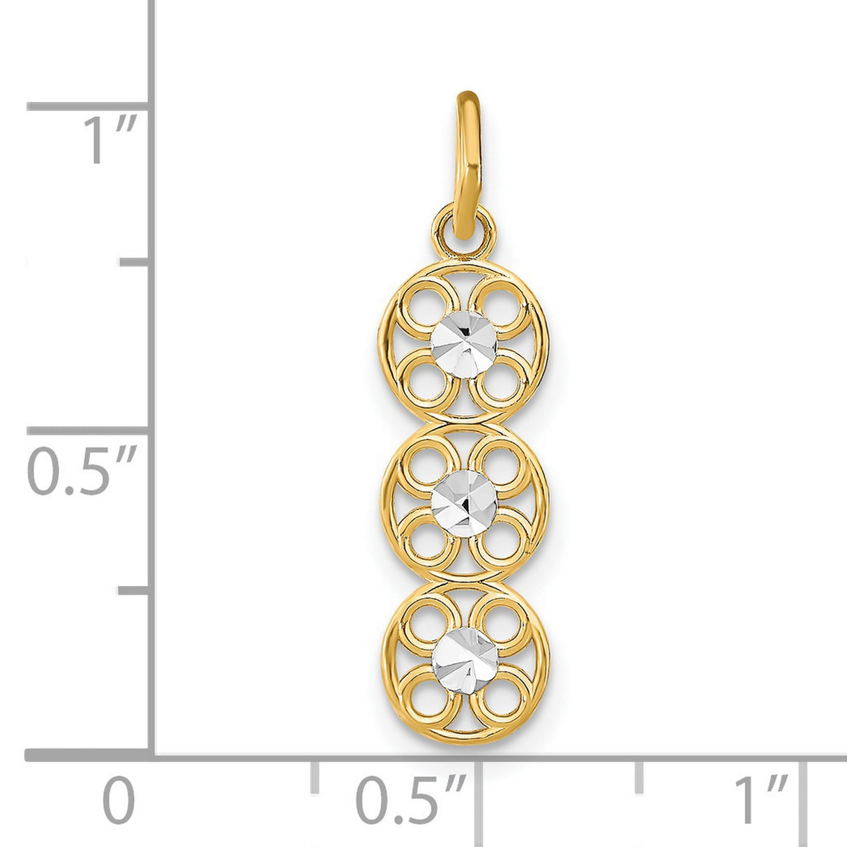 14k Multi-Tone Gold Filigree Pendant with Three Circle Floral Motif and Diamond Cut Centers