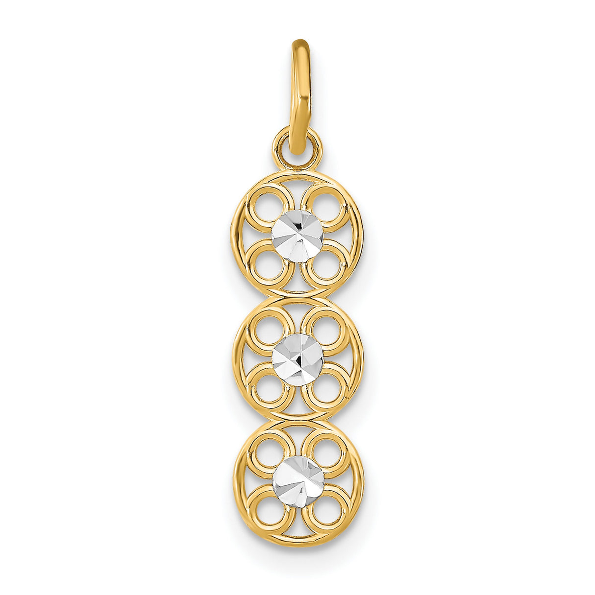 14k Multi-Tone Gold Filigree Pendant with Three Circle Floral Motif and Diamond Cut Centers