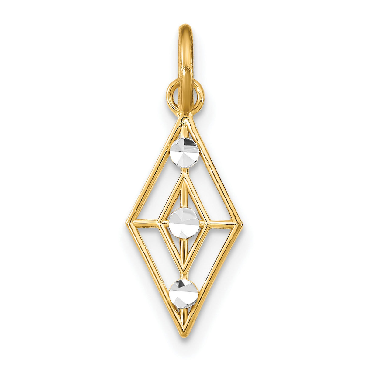 14k Yellow and Rhodium Gold Pendant, Diamond Shaped with Faceted Rhodium Accents, Geometric Style