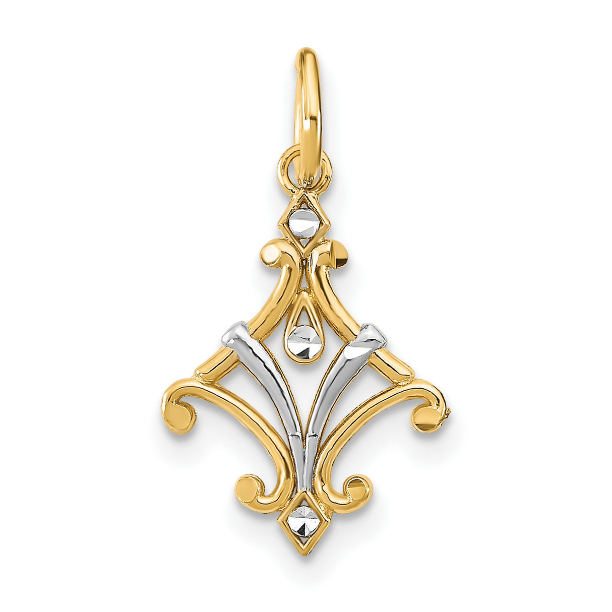14k Two-Tone Gold Fleur Pendant with Vintage Scrollwork Design for Women