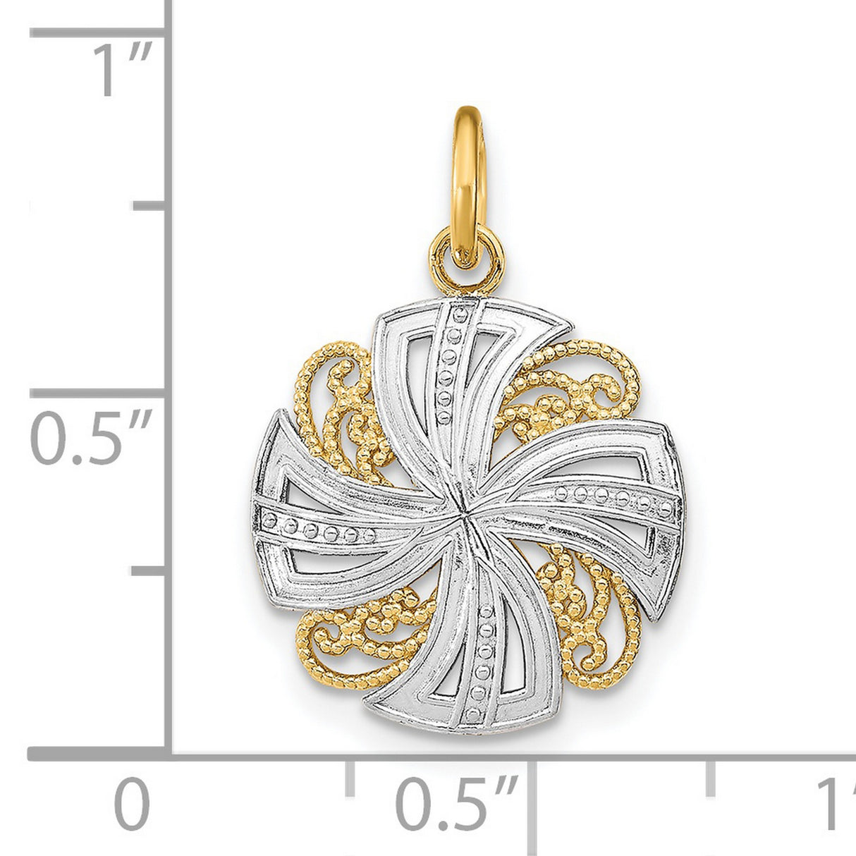 14k Multi-Tone Gold Cross Pendant, Filigree Christian Medallion with Rhodium Accents