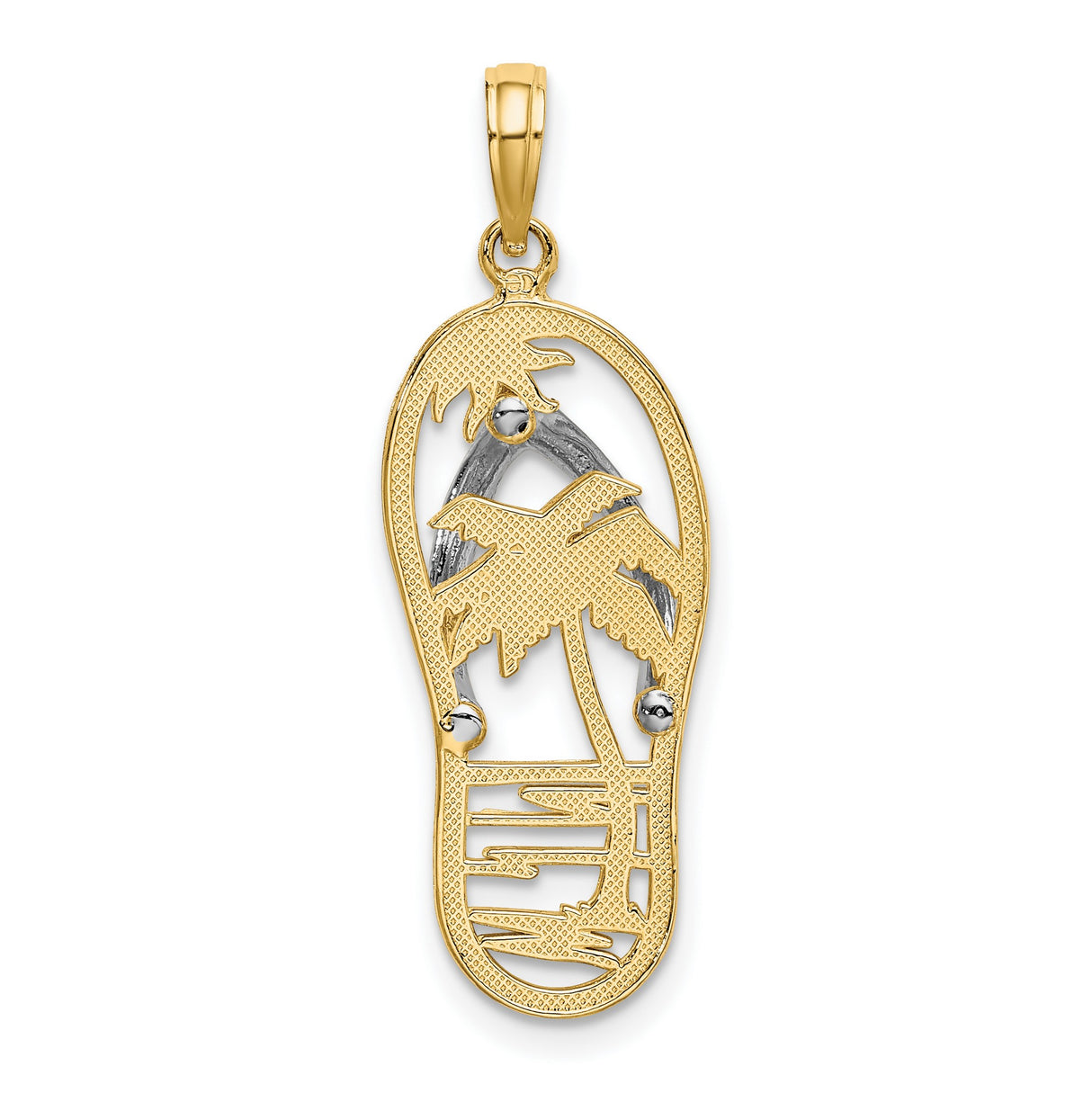 14k Two-Tone Gold Sandal Pendant with Ocean Waves and Palm Trees, Unisex Beach Charm