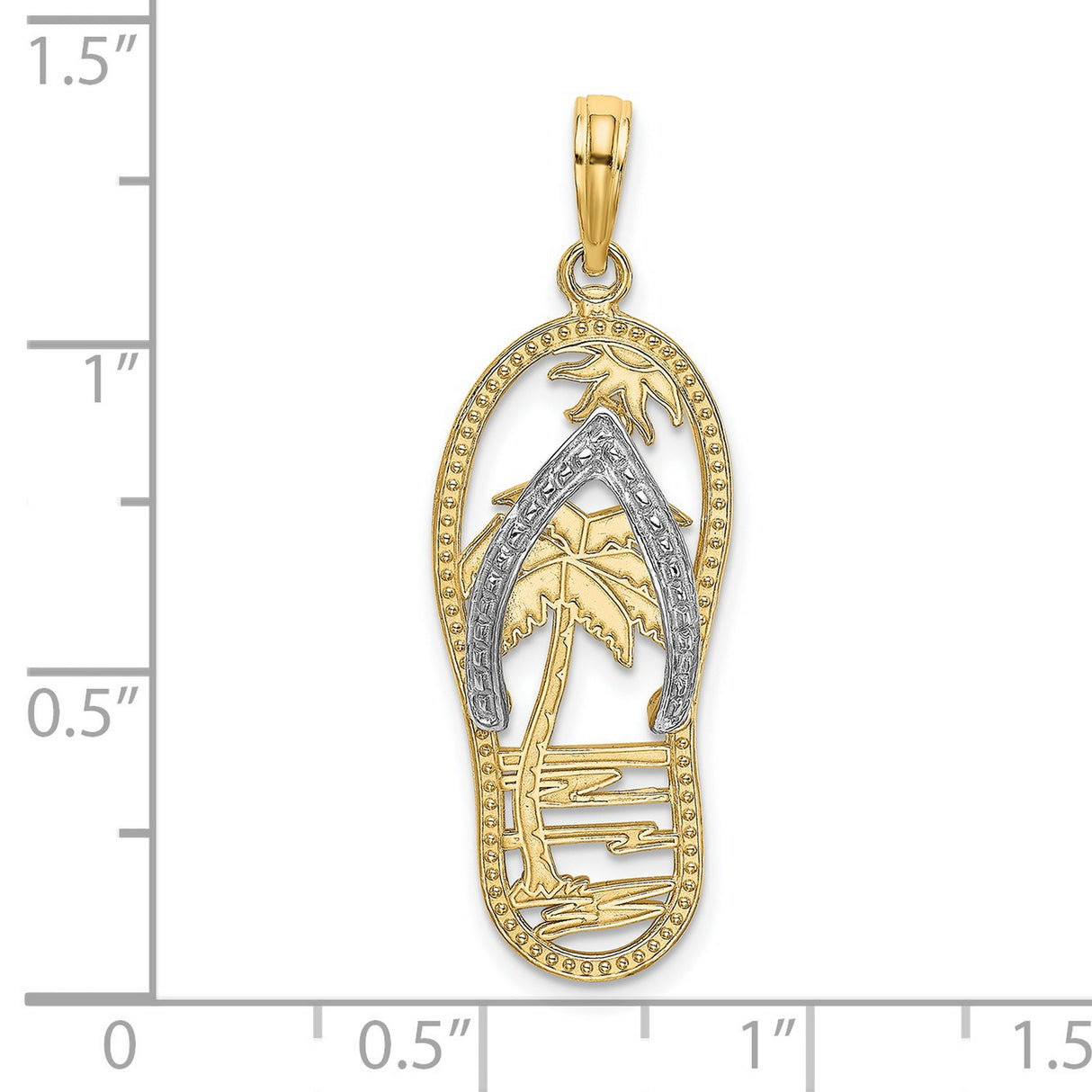 14k Two-Tone Gold Sandal Pendant with Ocean Waves and Palm Trees, Unisex Beach Charm