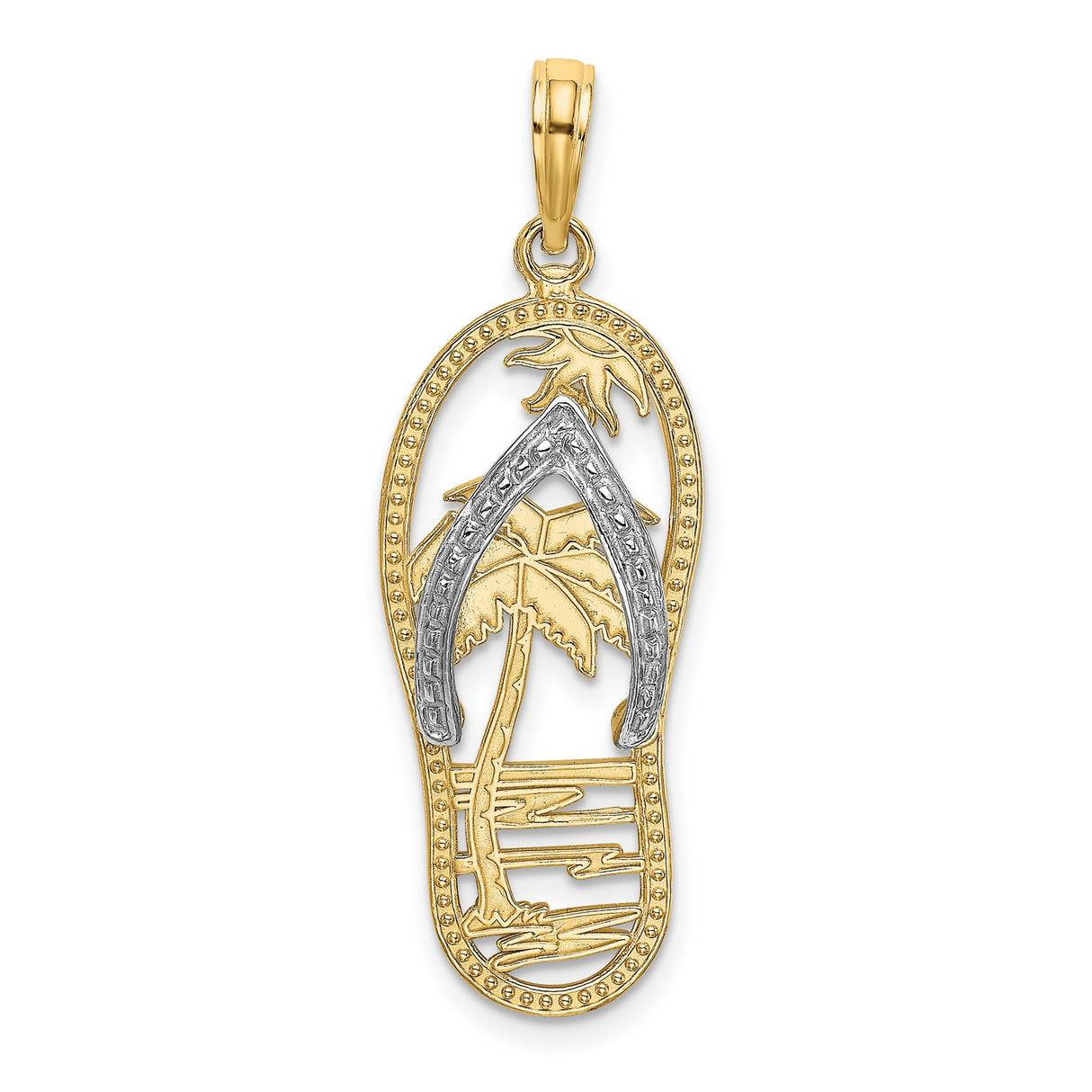 14k Two-Tone Gold Sandal Pendant with Ocean Waves and Palm Trees, Unisex Beach Charm