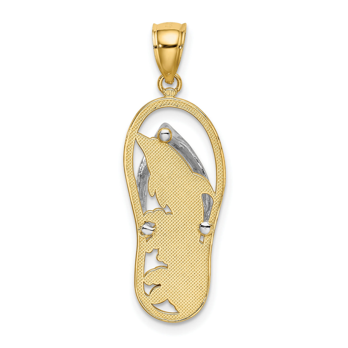 14k Two-Tone Gold Flip-Flop Dolphin Pendant with Floral Design, Nautical Beach Theme
