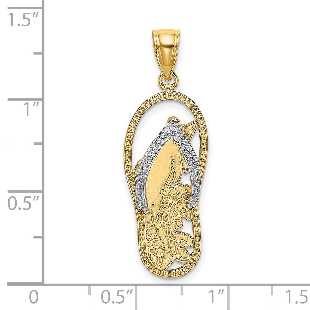 14k Two-Tone Gold Flip-Flop Dolphin Pendant with Floral Design, Nautical Beach Theme