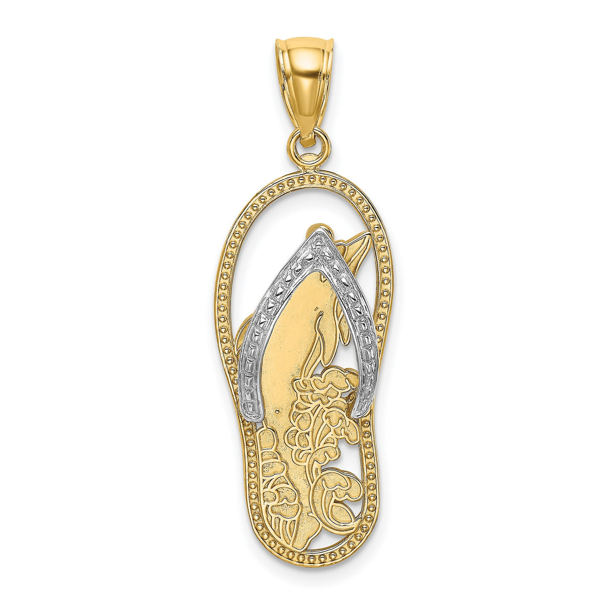 14k Two-Tone Gold Flip-Flop Dolphin Pendant with Floral Design, Nautical Beach Theme