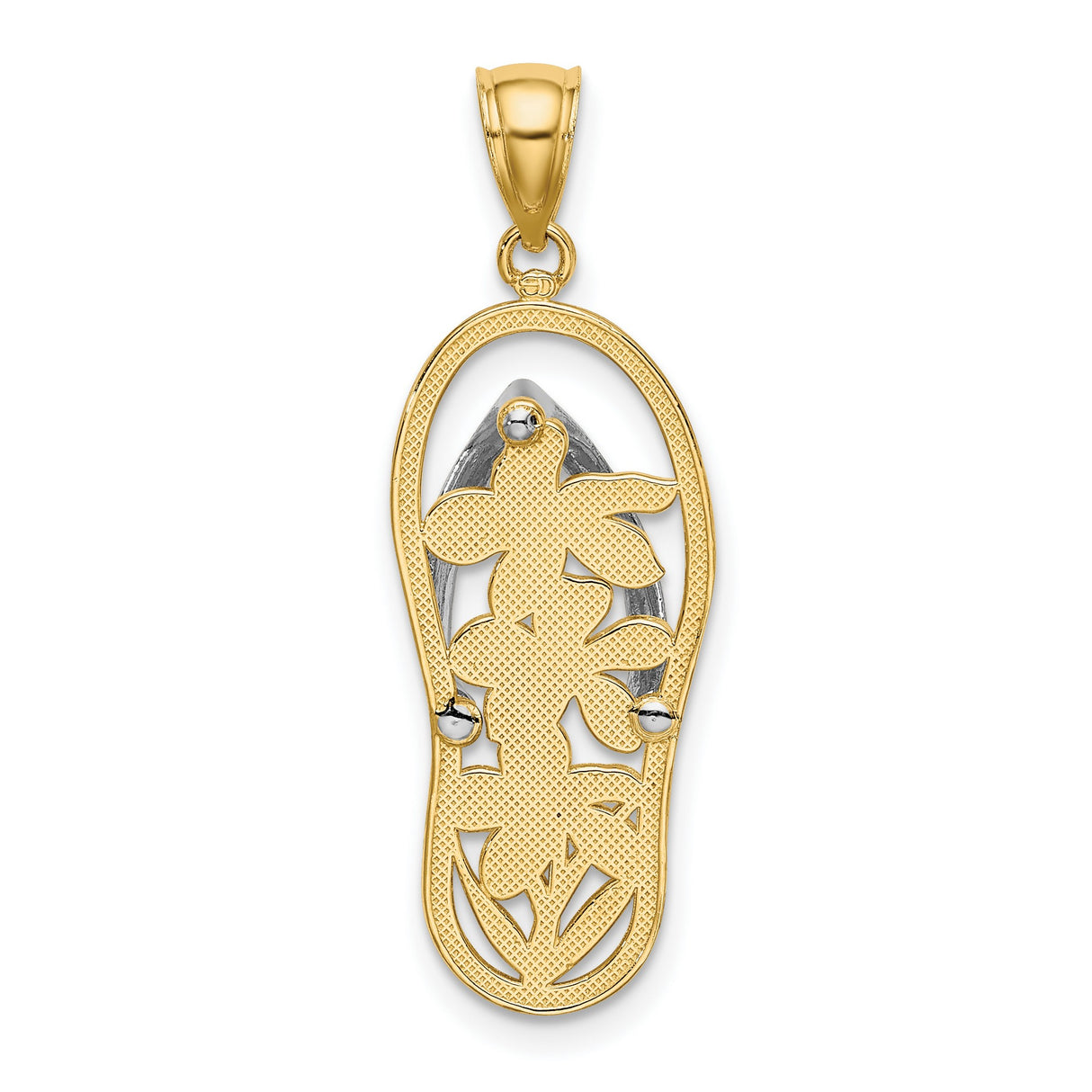 14k Multi-Tone Gold Flip Flop Pendant with Rhodium Detail, Plumeria Flower Design