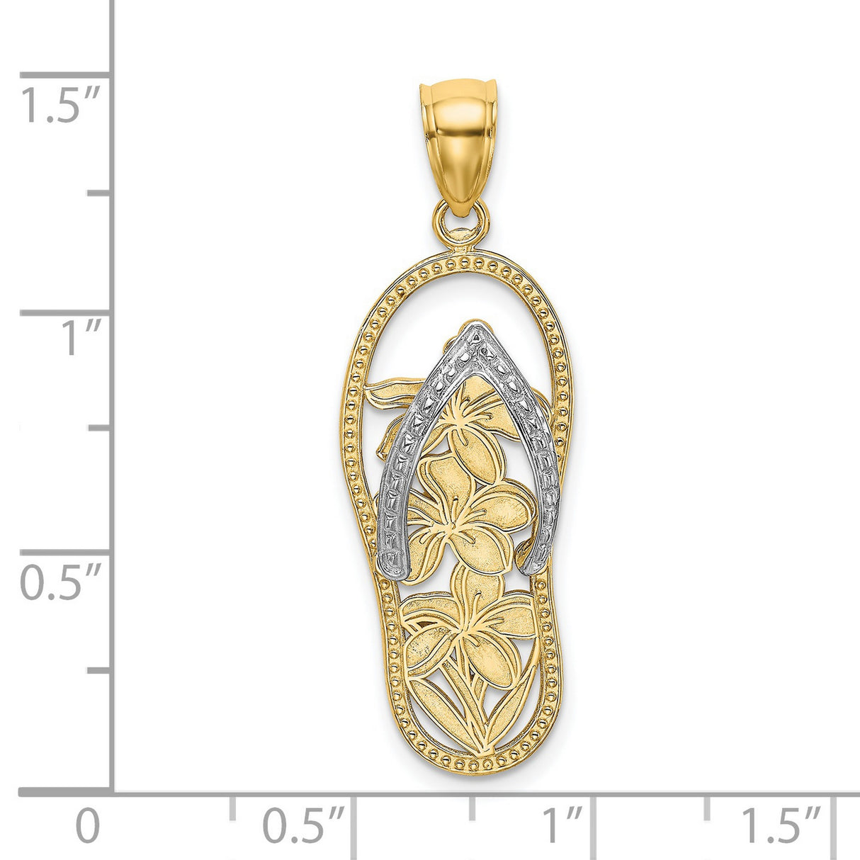 14k Multi-Tone Gold Flip Flop Pendant with Rhodium Detail, Plumeria Flower Design