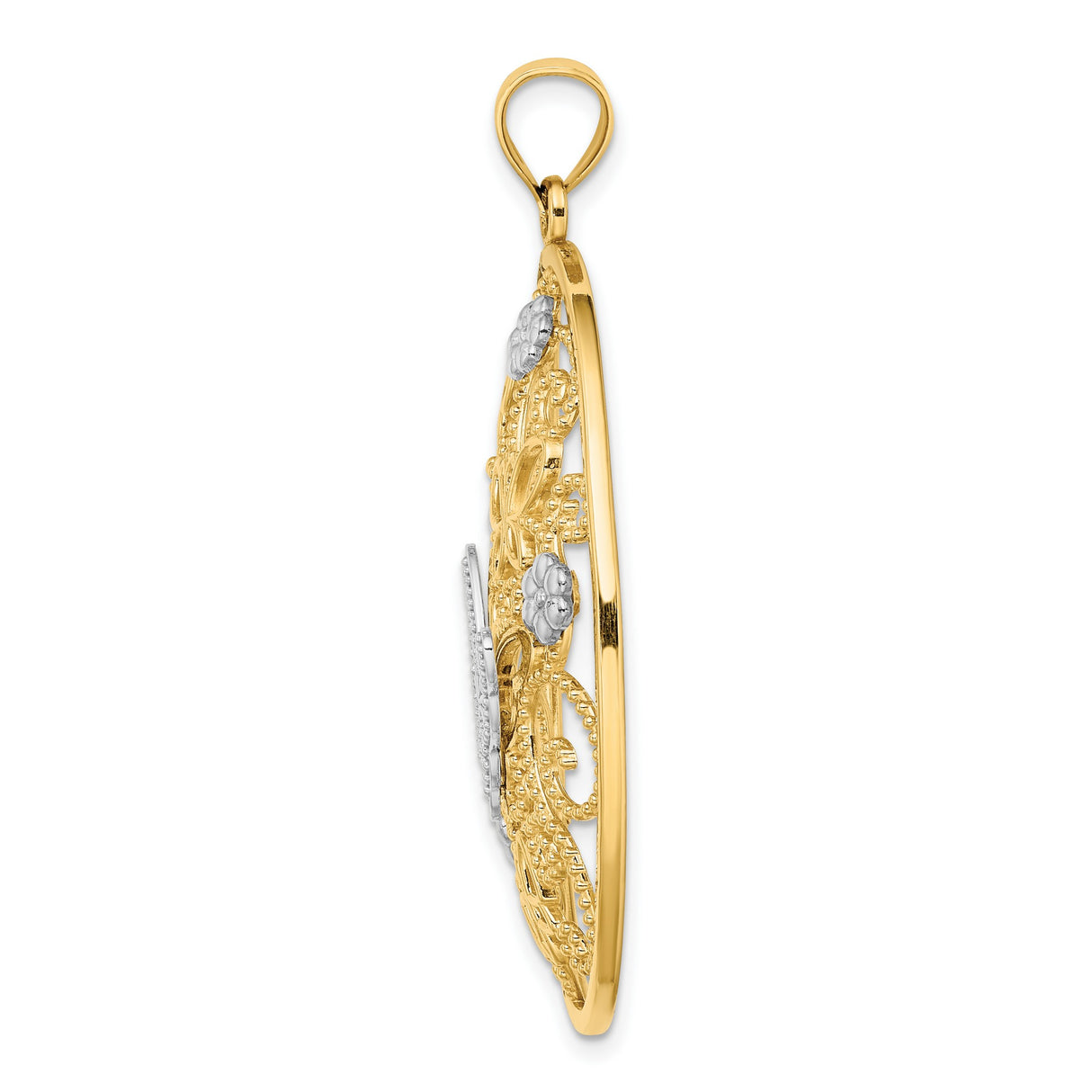 14k Two-Tone Gold Oval Pendant with Filigree Swirls, Butterfly and Flower Motifs