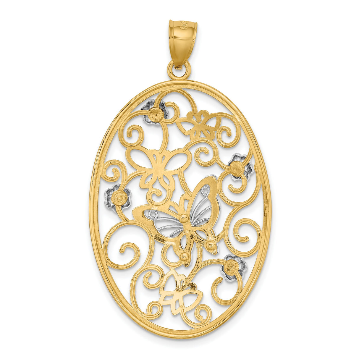 14k Two-Tone Gold Oval Pendant with Filigree Swirls, Butterfly and Flower Motifs