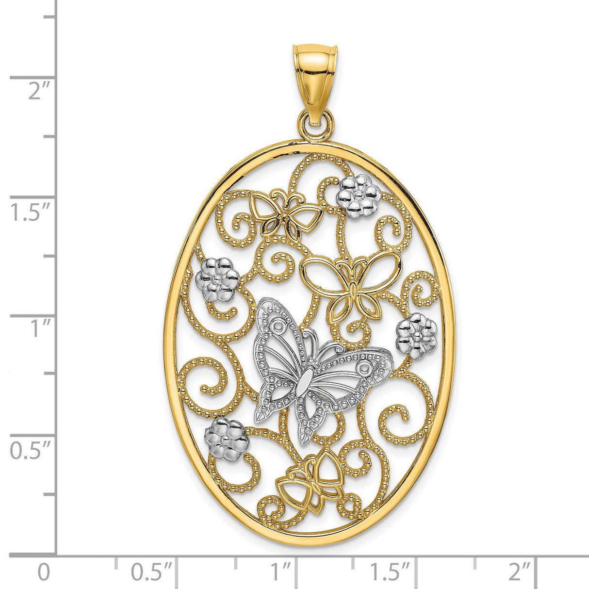 14k Two-Tone Gold Oval Pendant with Filigree Swirls, Butterfly and Flower Motifs
