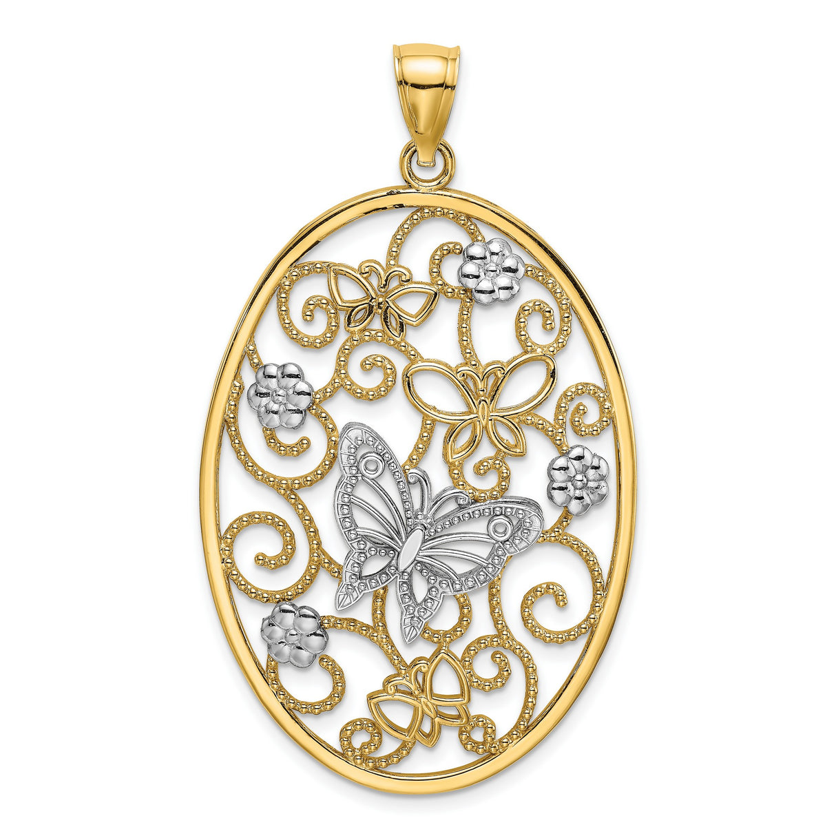 14k Two-Tone Gold Oval Pendant with Filigree Swirls, Butterfly and Flower Motifs