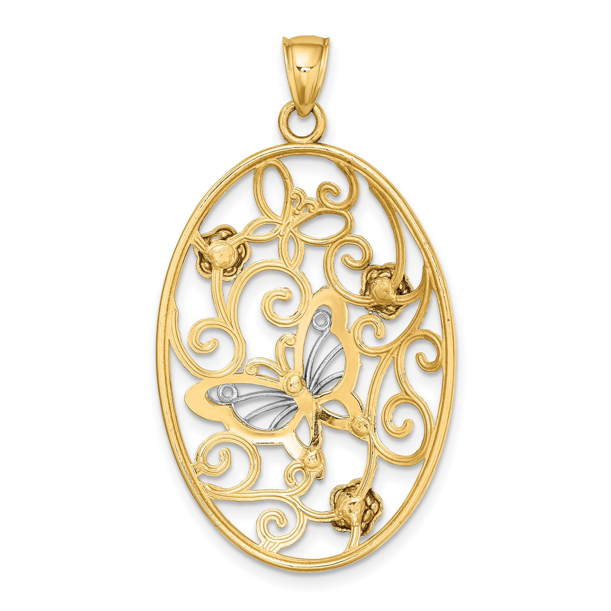 14k Two-Tone Gold Pendant with Filigree Butterfly, Rose Flowers and Scrollwork Accents