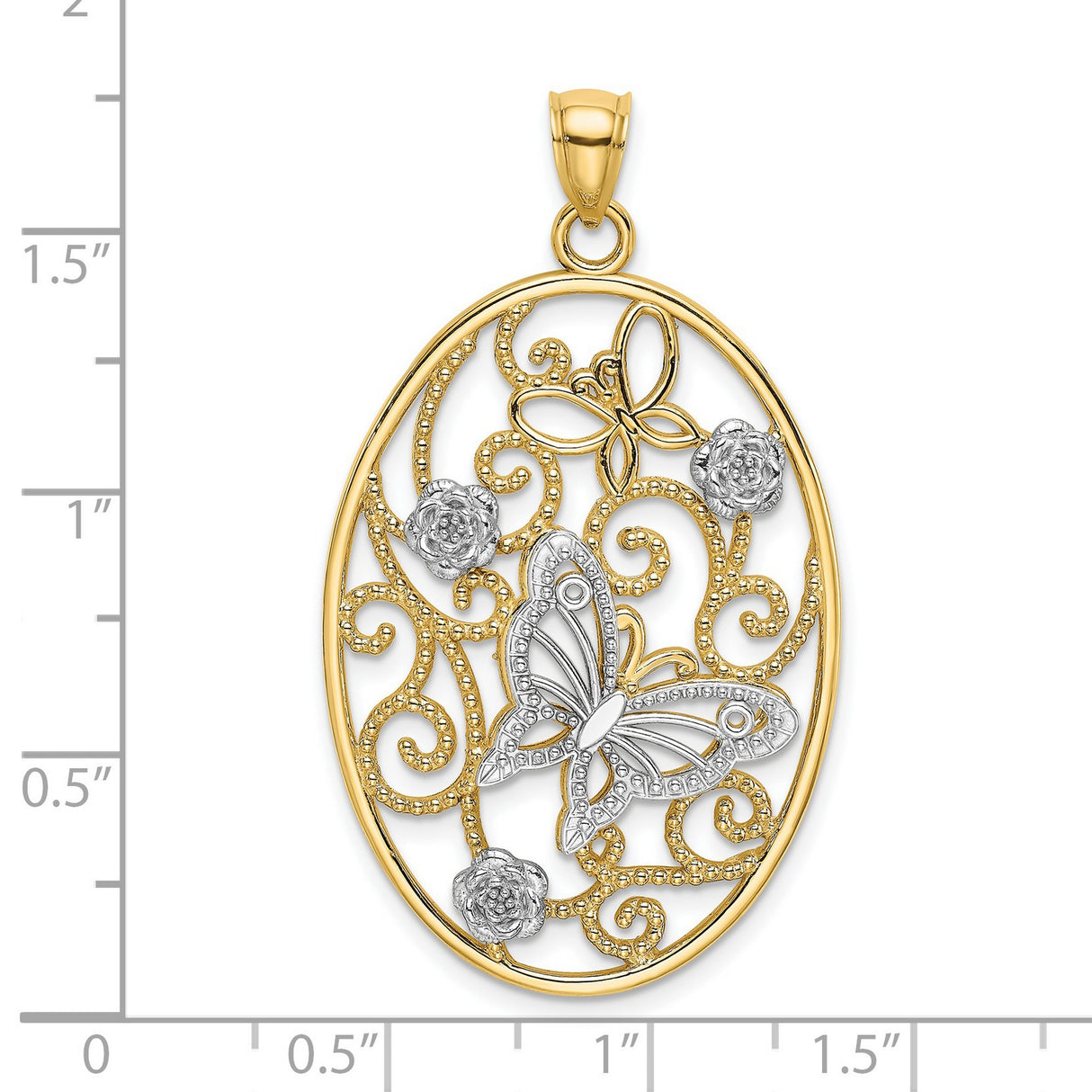 14k Two-Tone Gold Pendant with Filigree Butterfly, Rose Flowers and Scrollwork Accents