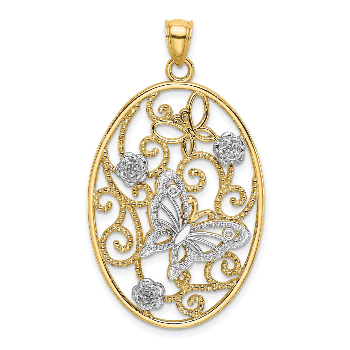 14k Two-Tone Gold Pendant with Filigree Butterfly, Rose Flowers and Scrollwork Accents