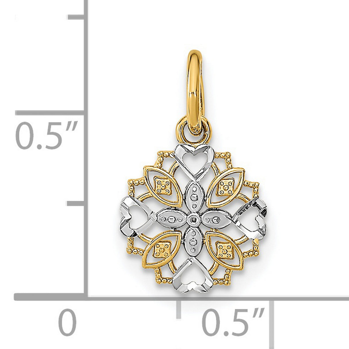 14k Two-Tone Gold Floral Mandala Pendant with Heart Accents, Symbolic Spiritual Jewelry for Women