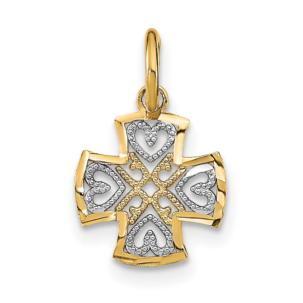 14k Multi-Tone Gold Cross Pendant with Textured Two-Tone Faith and Heart Design