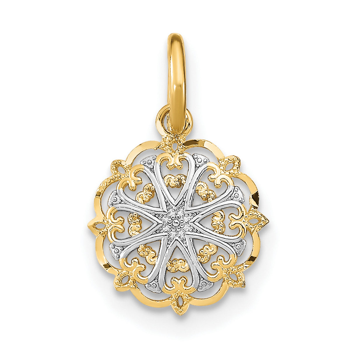 14k Yellow Gold and Rhodium Pendant, Floral Medallion with Filigree and Fleur-de-Lis Accents