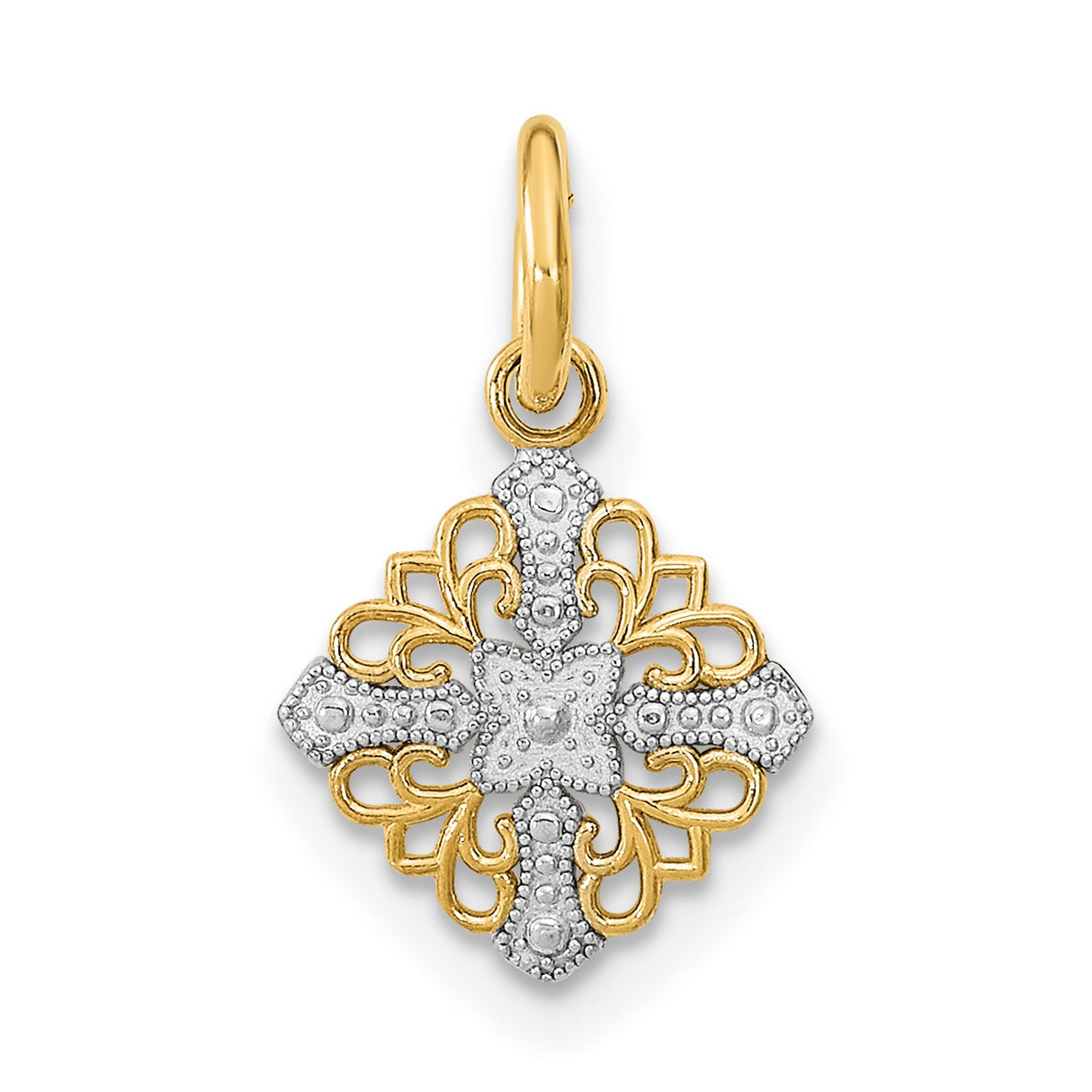 14k Multi-Tone Gold Cross Pendant, Ornate Filigree Textured Religious Charm for Women