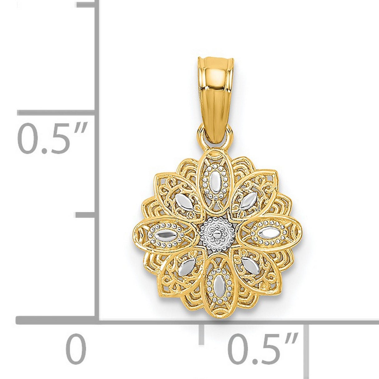 14k Yellow Gold and Rhodium Pendant, Floral Filigree Mandala Design, Two Tone Boho Style