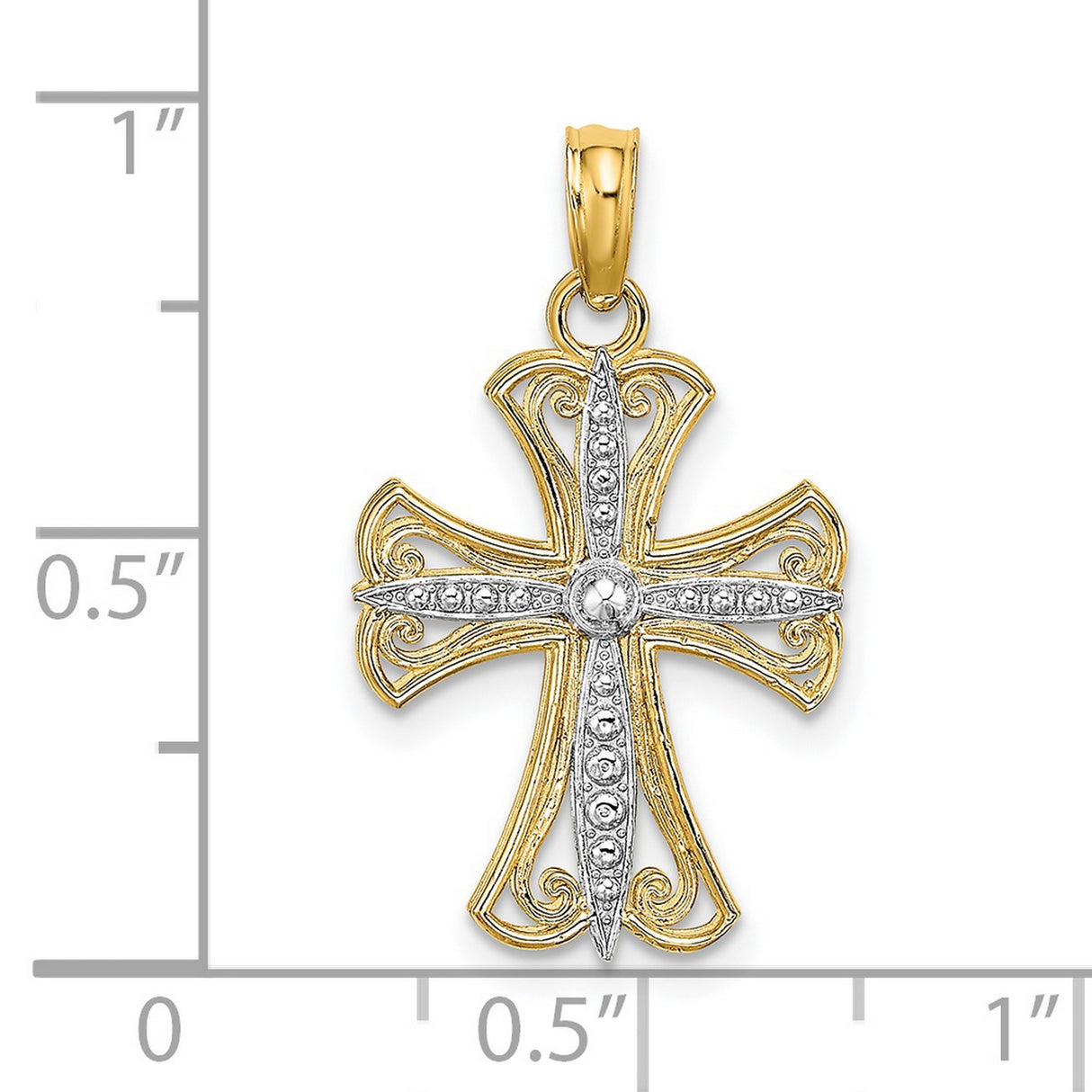 14k Multi-Tone Gold Faith and Ornate Baroque Cross Pendant with Silver Accent