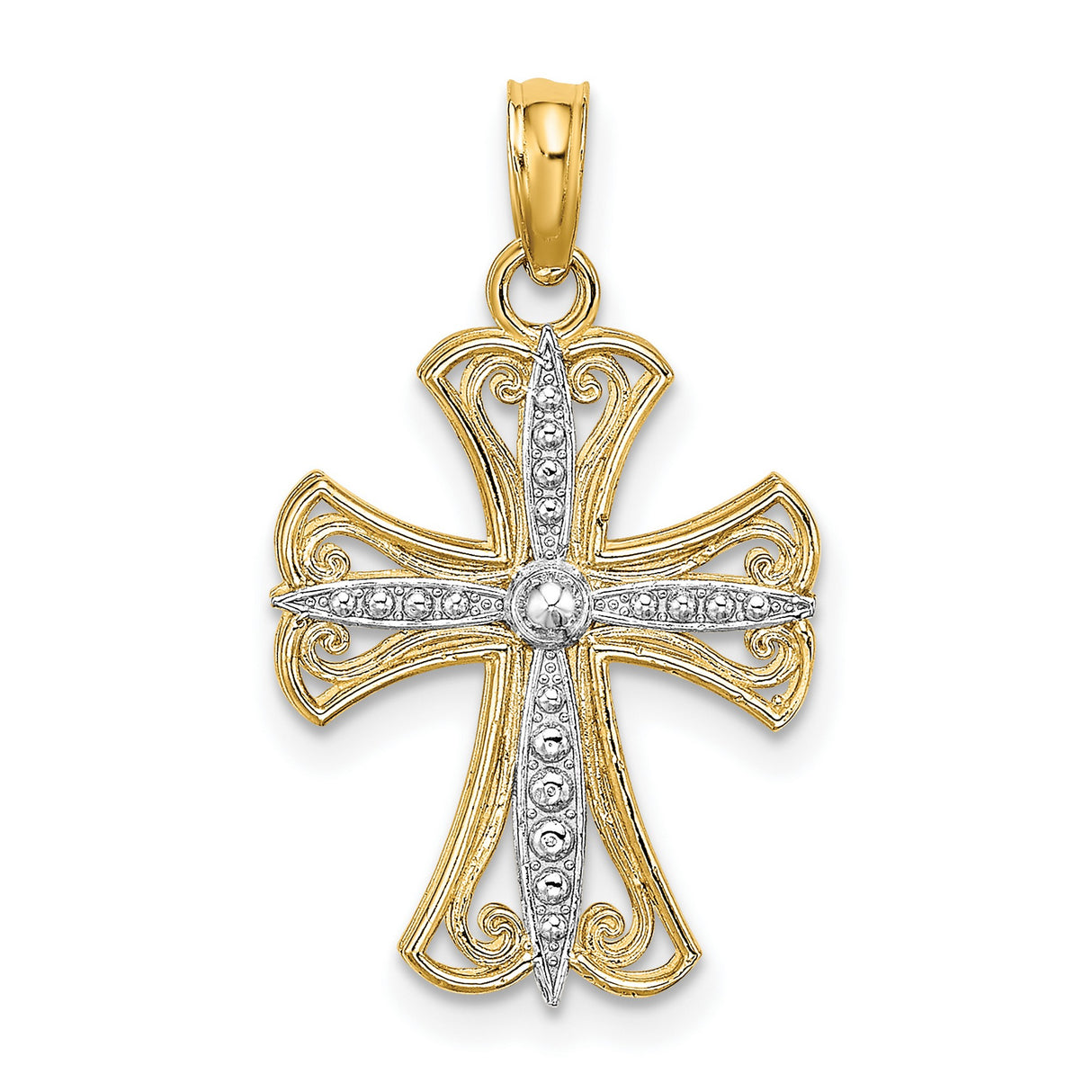 14k Multi-Tone Gold Faith and Ornate Baroque Cross Pendant with Silver Accent
