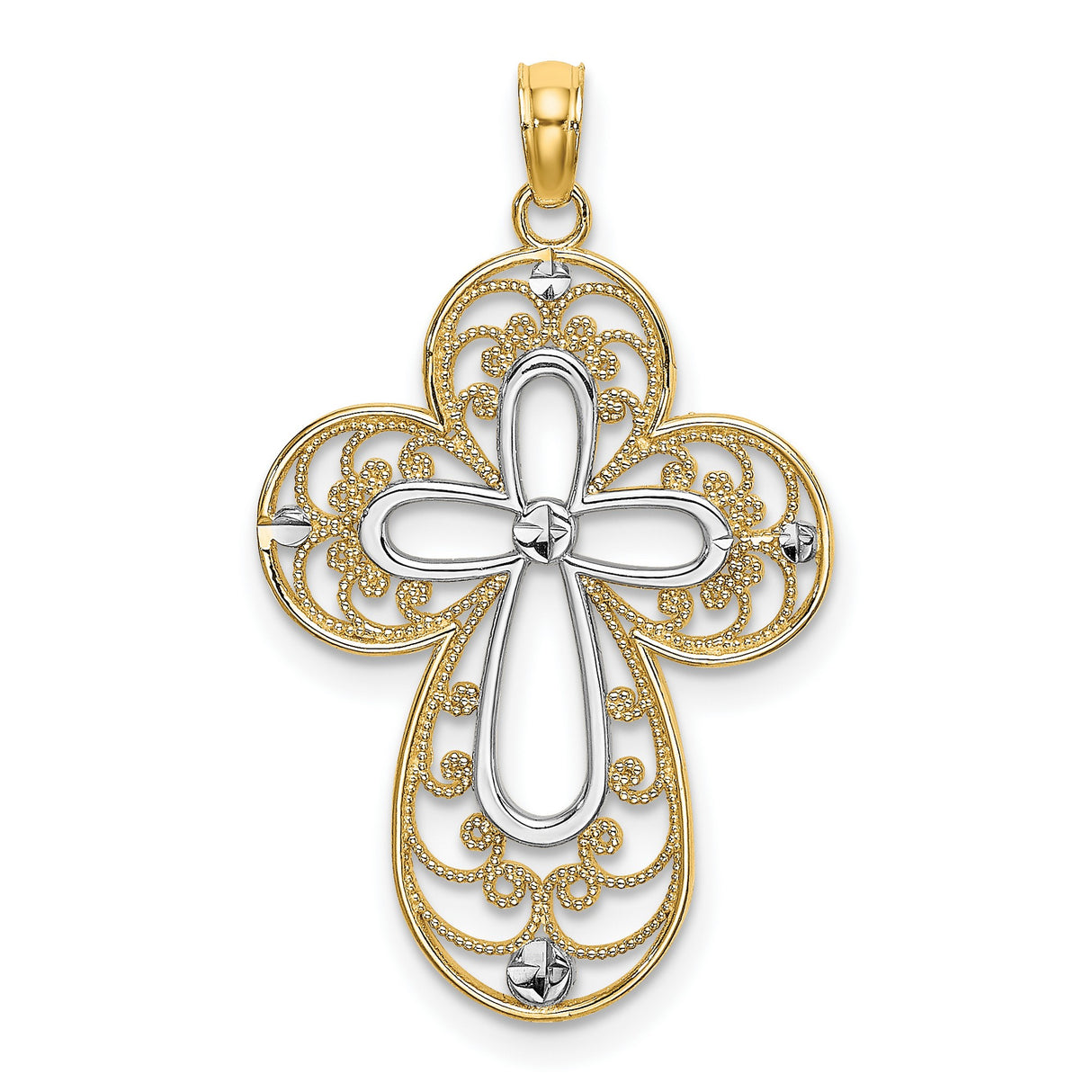 14k Multi-Tone Gold Filigree Cross Pendant, Textured Religious Design for Men and Women