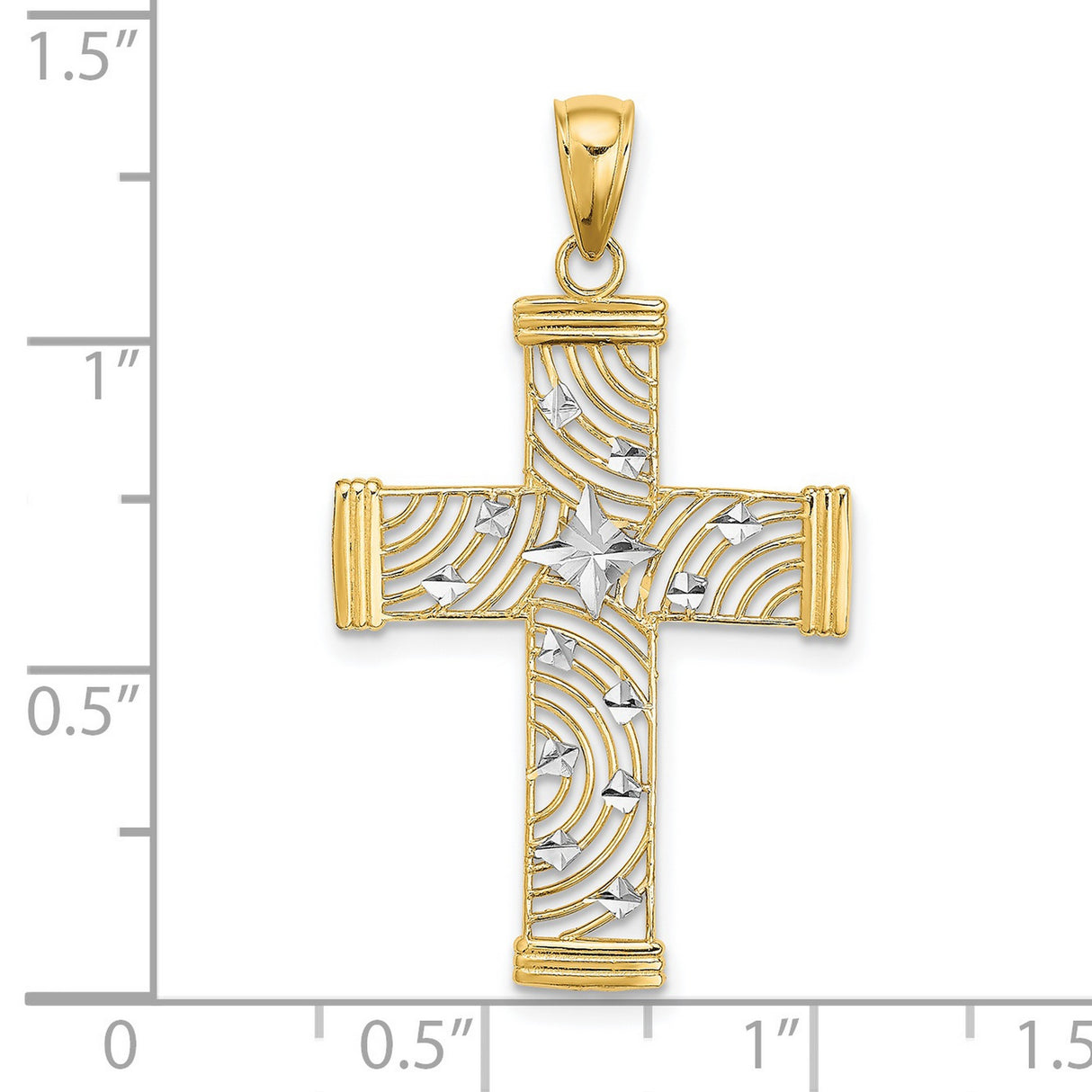14k Yellow and White Gold Cross Pendant with Cutout Design, Two Tone Faith Jewelry