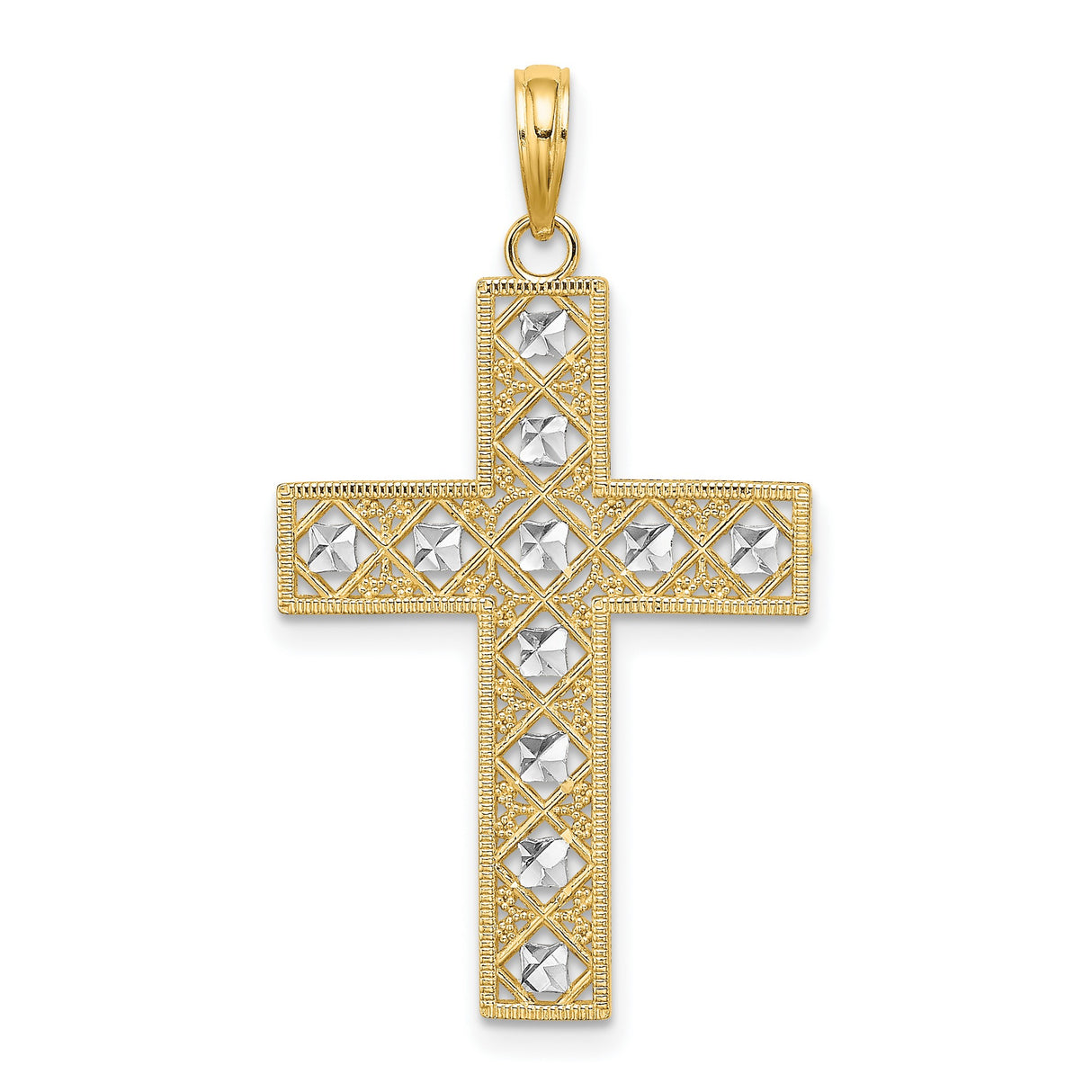 14k Multi-Tone Gold Cross Pendant with Filigree Design and Lattice Detail