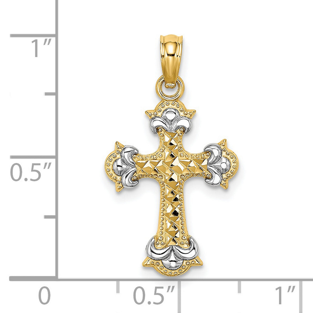 14k Multi-Tone Gold Cross Pendant with Filigree and Textured Fleur Design