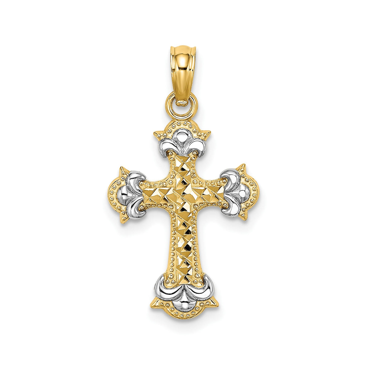 14k Multi-Tone Gold Cross Pendant with Fleur de Lis Detail, Diamond Cut Religious Charm