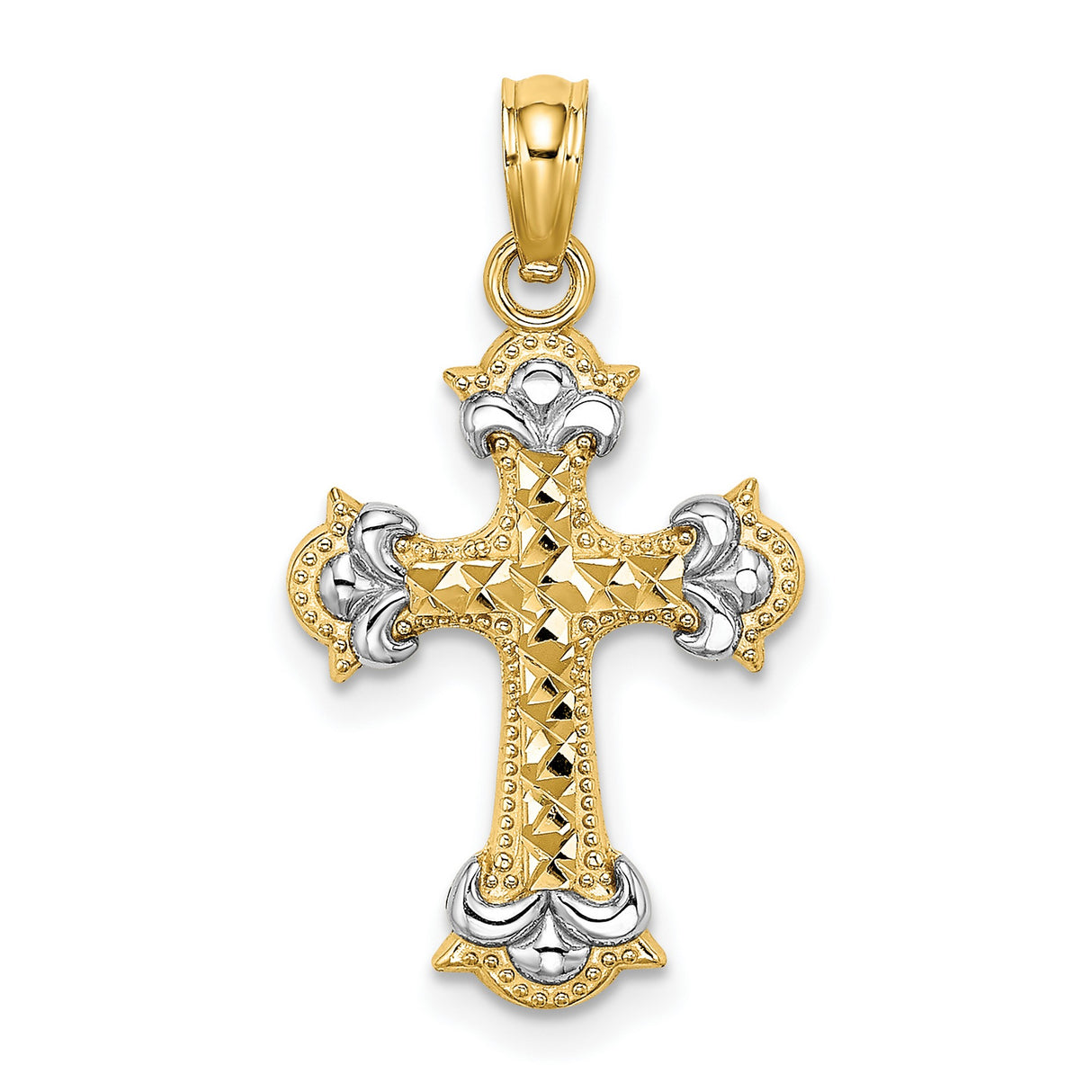14k Multi-Tone Gold Cross Pendant with Filigree and Textured Fleur Design