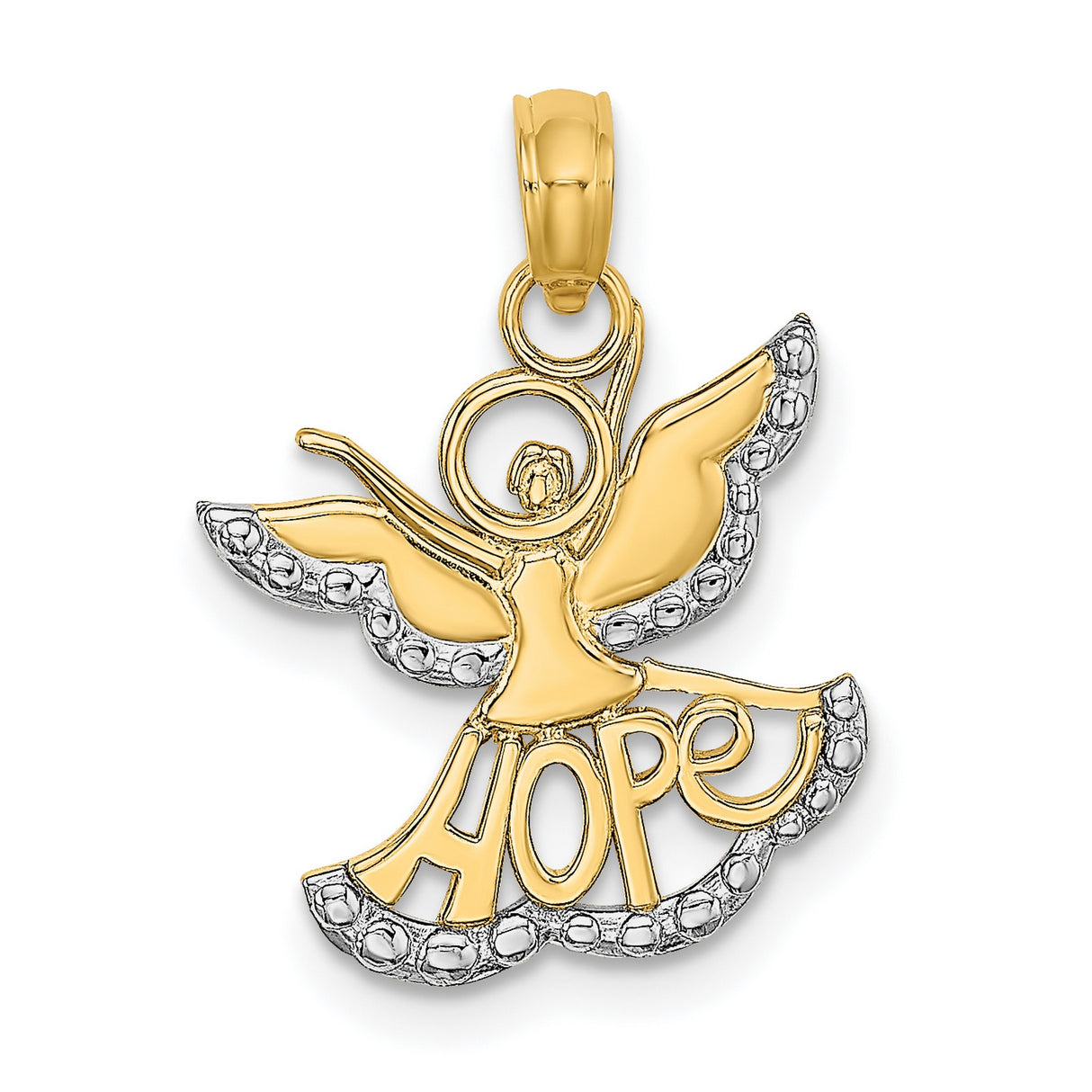 14k Two-Tone Gold Angel Pendant with Rhodium Wings and Cut-Out HOPE Symbol, Christian Jewelry