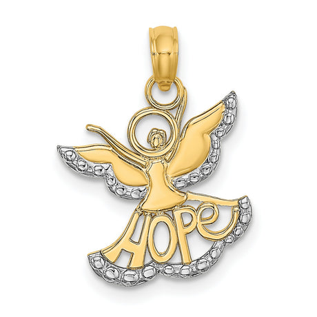14k Two-Tone Gold Angel Pendant with Rhodium Wings and Cut-Out HOPE Symbol, Christian Jewelry