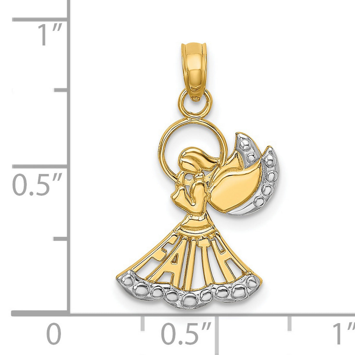 14k Multi-Tone Gold Angel Pendant with Rhodium Accents, Praying Design, Faith Script