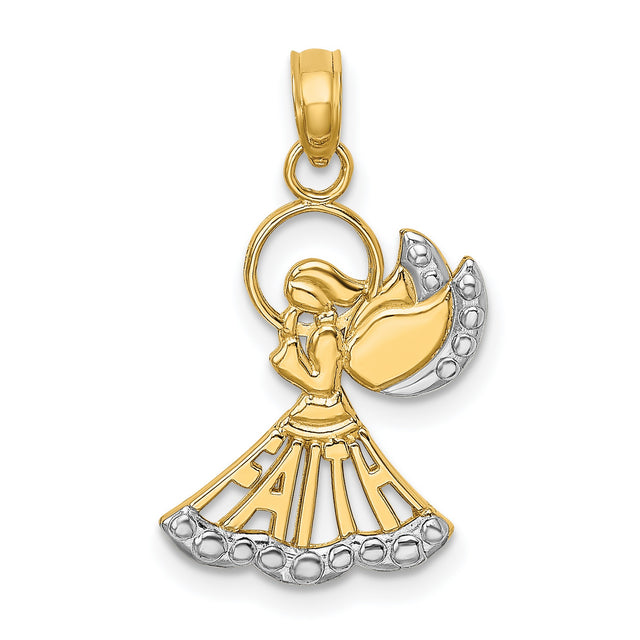 14k Multi-Tone Gold Angel Pendant with Rhodium Accents, Praying Design, Faith Script