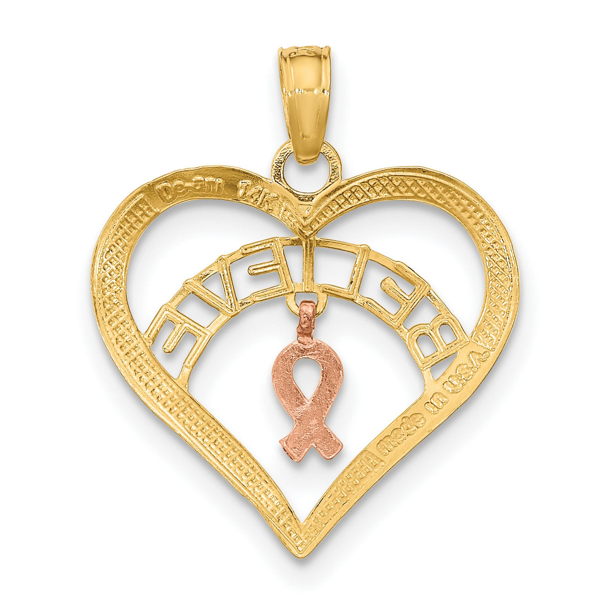 14k Two-Tone Gold Heart Pendant with Believe Word and Rose Gold Awareness Ribbon