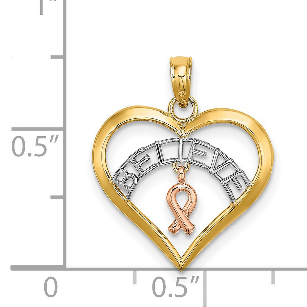 14k Two-Tone Gold Heart Pendant with Believe Word and Rose Gold Awareness Ribbon
