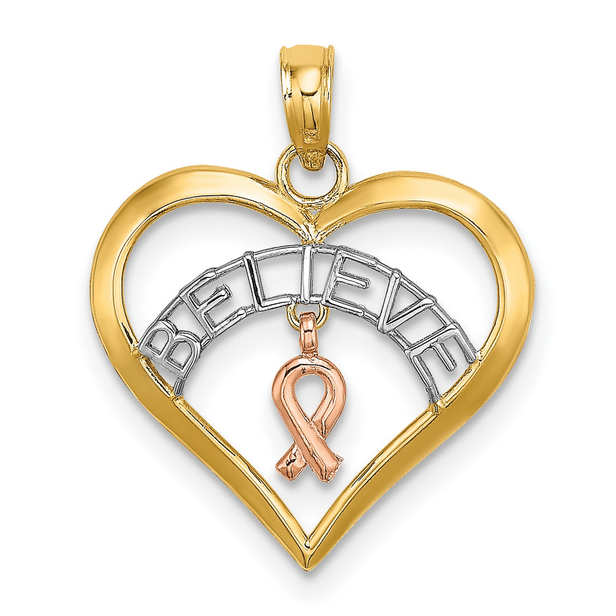 14k Two-Tone Gold Heart Pendant with Believe Word and Rose Gold Awareness Ribbon