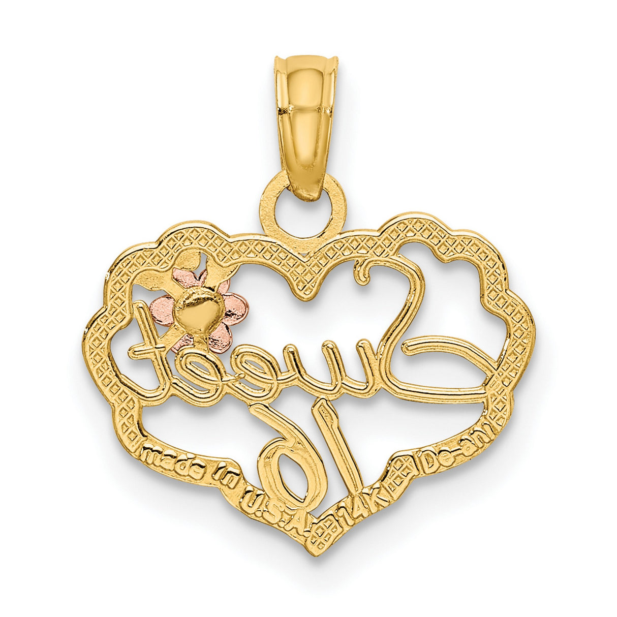 14k Two-Tone Gold Heart Sweet 16 Pendant with Pink Flower Accent, Script Charm for Teen Girl
