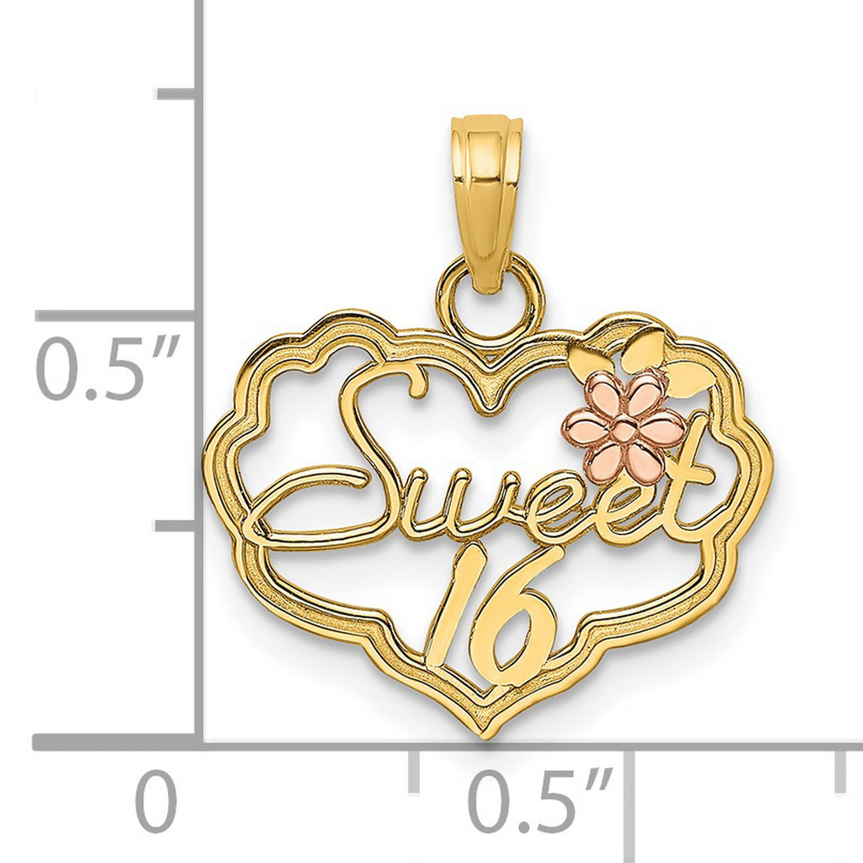 14k Two-Tone Gold Heart Sweet 16 Pendant with Pink Flower Accent, Script Charm for Teen Girl